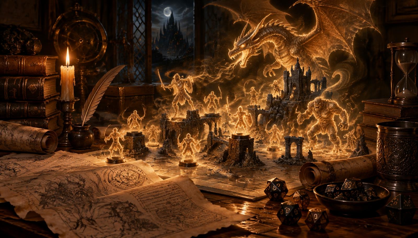 Parchment pages transforming into glowing miniatures